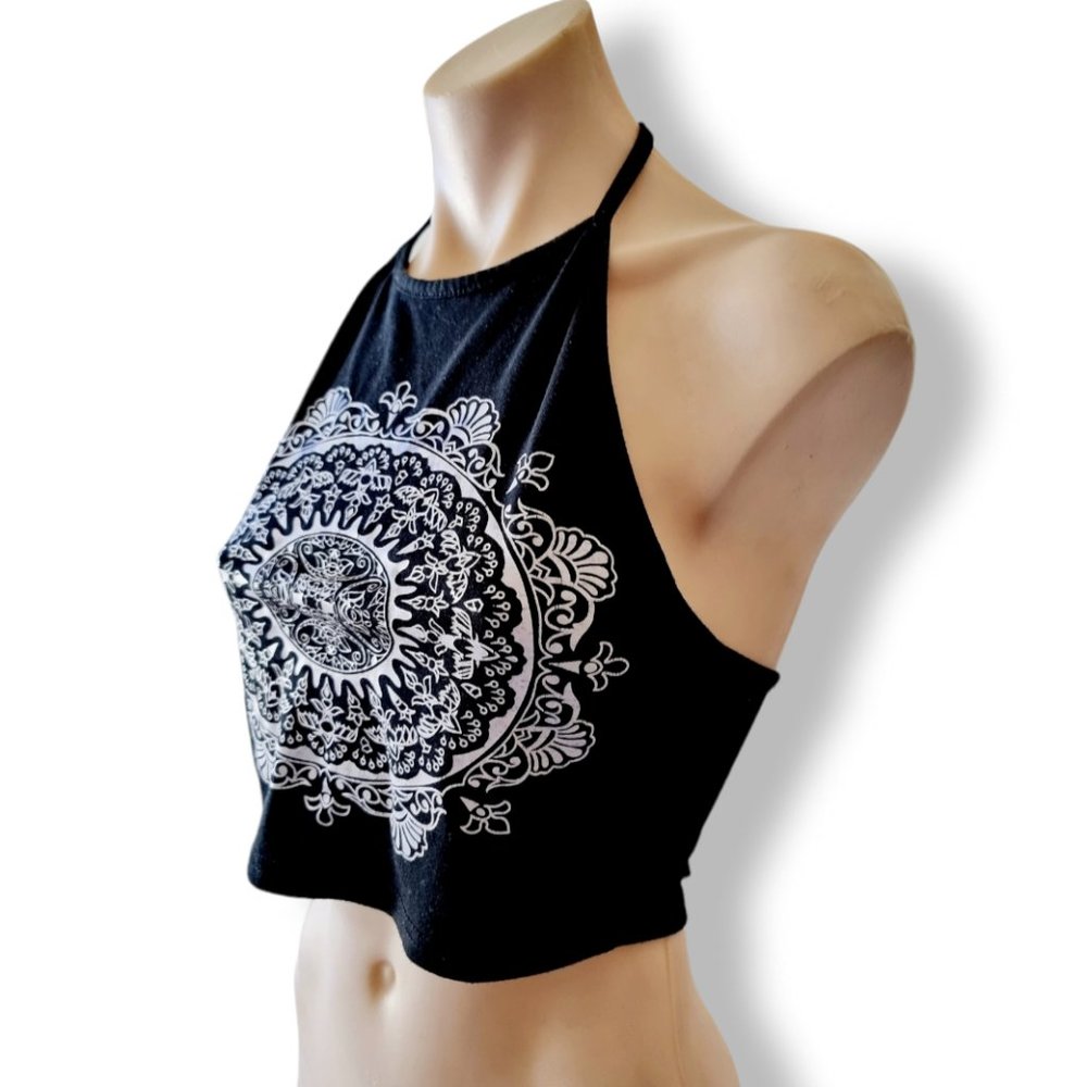 Black halter tie kite crop top with white mandala screen print on front. - Picture 7 of 7